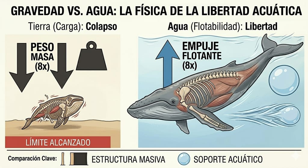 gravedad-vs-agua-fisica-flotabilidad Infografía comparativa de una ballena en tierra frente al agua. A la izquierda, muestra el colapso estructural por gravedad (peso 8x); a la derecha, la libertad de movimiento gracias al empuje flotante y el soporte acuático.