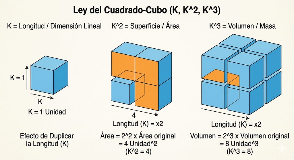 ley-cuadrado-cubo-explicacion-infografia Infografía explicativa en español de la Ley del Cuadrado-Cubo. Muestra tres gráficos comparativos: un cubo inicial, cuatro cubos mostrando el área superficial y ocho cubos mostrando el volumen al duplicar la longitud lateral (K). Incluye fórmulas matemáticas en español.