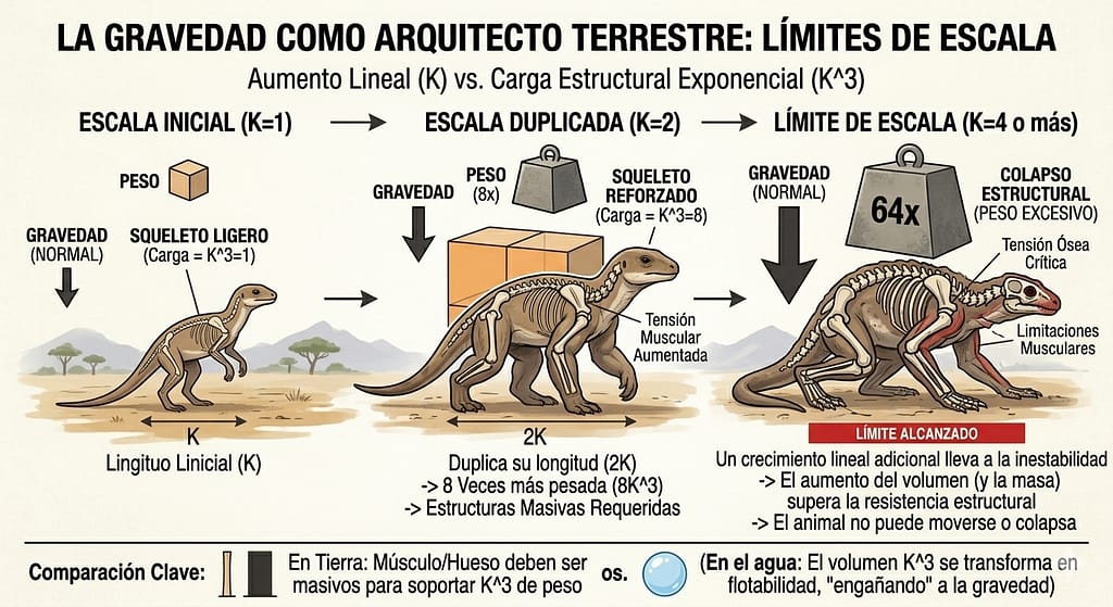 limites-escala-gravedad-ley-cuadrado-cubo Infografía sobre la gravedad como arquitecto terrestre y límites de escala biológica. Muestra la evolución de un animal desde una escala inicial (K=1) hasta un límite de colapso estructural (K=4), explicando cómo el peso aumenta exponencialmente (K^3) en comparación con el crecimiento lineal.